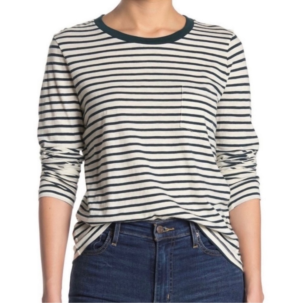 Madewell Crew Neck Long Sleeve Pocket Tee Forrest Green Stripe Size XS